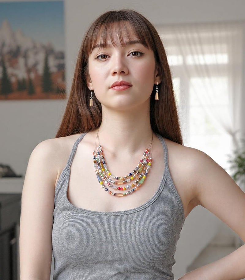 Errally Store Layered Beaded Statement Necklace Multi Strand Crystal Beads Collar Necklace and Earring Sets for Women Fashion Costume Jewelry Set Gifts for Her - Image 4